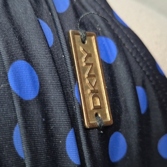 DKNY One Piece Swimsuit Black/Blue Polka Dot Side Ruching V Neck Swimwear Sz 10 - Picture 3 of 15